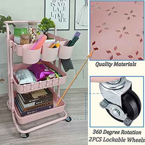 3 Tier Utility Rolling Cart Storage Organizer Shelf Rack with 3PCS Hanging Cups + 8PCS Hooks + 2PCS Storage Box for Home Office Kitchen Bathroom (Pink 3 Cup+8 Hook+2 Storage Box)