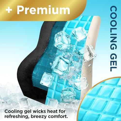 BLACK+DECKER Memory Foam Lumbar Support Pillow with Cooling Gel ? High Back Lumbar Cushion for Office, Car, Wheelchair & Airplane ? Ergonomic, Pain Relief, Adjustable Strap, Washable Cover,Black/Grey