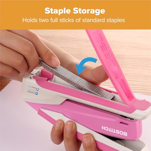 Pink PaperPro One-Finger 3-in-1 Stapler for Up to 25 Sheets, Easy Jam-Free