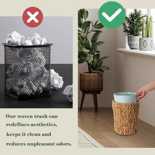 2 Gallon Wicker Trash Can with Lid - Bathroom Garbage Can with Removable Liner Bucket - Boho Hand Woven Water Hyacinth Wicker Waste Basket for Bedroom, Living Room, Home, Office