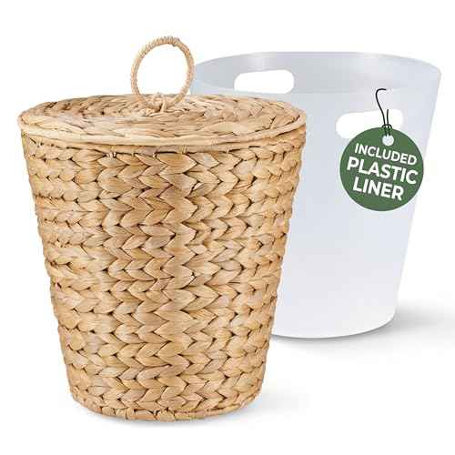 3 Gallon Wicker Trash Can with Lid and Liner - Rattan Trash Can - Wicker Waste Basket for Bathroom, Bedroom, Kitchen, Living Room