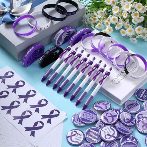 400 Pcs/100 Sets Domestic Violence Awareness Kit Include Purple Ribbon Pens Stickers Silicone Bracelets Wristbands Badges Pins for Domestic Violence Awareness Men Women Charity Gifts