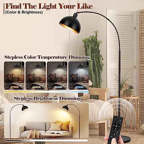 ¡¼Upgraded¡½Black Arc Floor Lamps for Living Room - Dimmable Arched Floor Lamp with Remote Control & 2700-6000K 9W LED Bulb Included, Modern Arch Standing lamp, Industrial Tall Lamp for Bedroom Reading