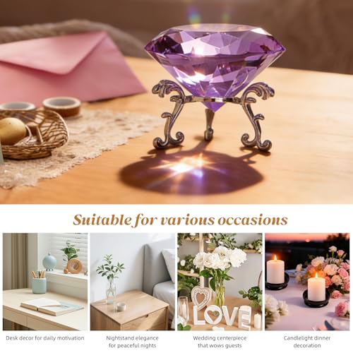 Purple Crystal Diamond Centerpiece 3.15 Inch Large Rainbow Prism with Silver Base for Wedding Home Decor