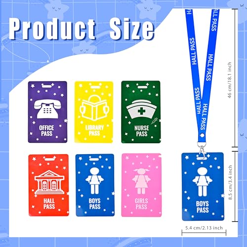 Classroom Hall Passes with Lanyards - Unbreakable PVC School Passes for Bathroom, Library, Nurse, Office, and Hall - 6 Sets