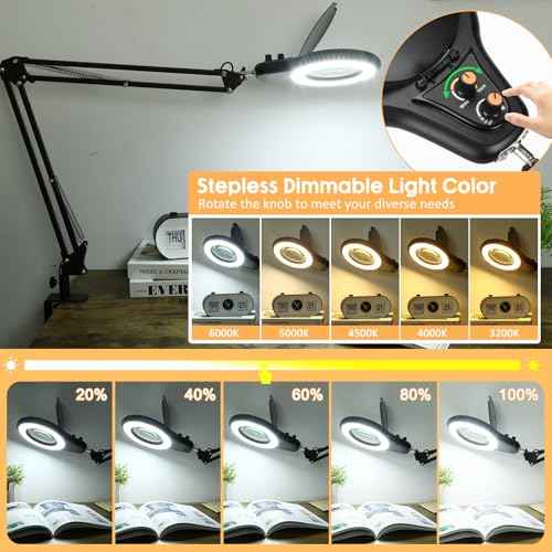 10X Large Magnifying Glass with Light and Clamp, Mechanical Knob Stepless Dimmable, 2*16 Inch Swivel Arm LED Magnifying Desk Lamp with Dust Cover, Stand Lighted Magnifier Hands Free for Crafts