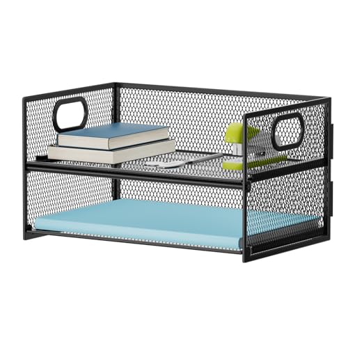 Marbrasse Black 2-Tier Mesh Paper Organizer Letter Tray with Handle - Desk Storage