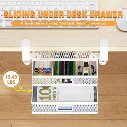 Sliding Under Desk Drawer Organizer No Drilling 2 Drawers Slide Out Desktop Or Under Table Storage Metal Clamp On Desk Drawer Attachment Anti-Slip Desktop Organizer for Home & Office, White