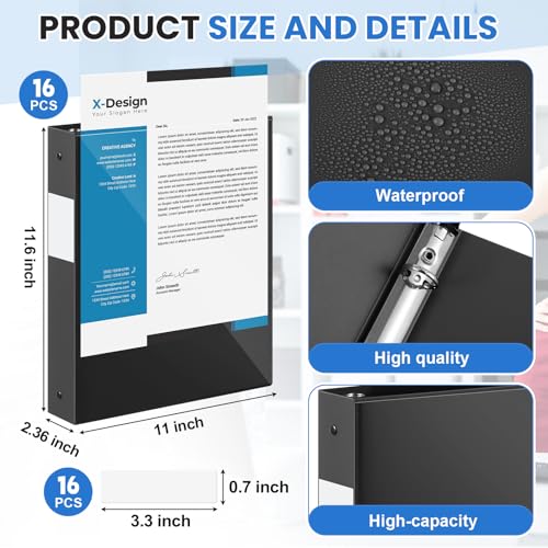 Henoyso 16 Pcs 1/2 Inch 3 Ring Binder with Clear Cover Plastic Flexible Fit Letter Size 8.5" x 11" Paper Holds 100 Sheets Versatile Binders for School Office Home, 1 Pocket (Black)