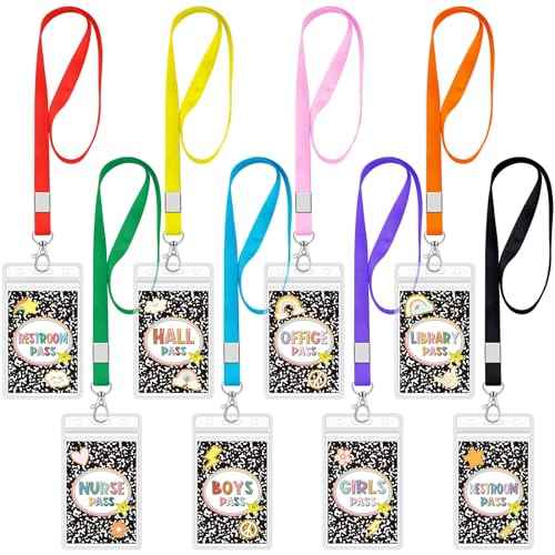 8 Pcs PVC Hall Pass for Classroom Composition Classroom Decor Unbreakable Hall Passes Lanyards Teachers Supplies Restroom, Library, Office, Elementary Cool for School Theme