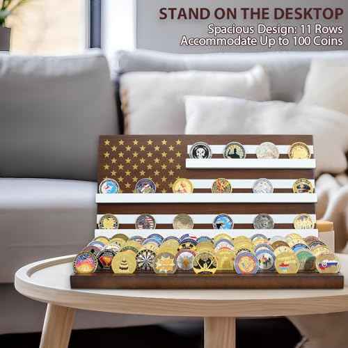 11 Rows American Flag Challenge Coin Display Holder Stand - Wooden Military Coin Holder for Desk - Holds 80-90 Coins - Ideal for Veterans, Collectors, and Patriots, Walnut