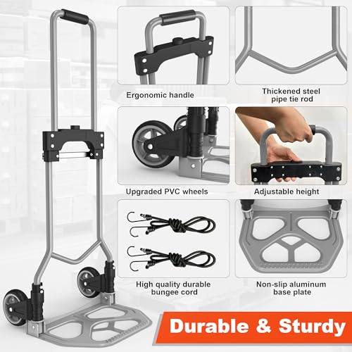Folding Hand Truck Dolly Cart, 180LBS Portable Aluminum Hand Truck Foldable with Telescoping Handle and Elastic Cord for Luggage, Boxes, Functionality Foldable Dolly for Home, Moving, Black Gray