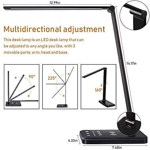 LED Desk Lamp with Wireless Charger, USB Charging Port, Dimmable Eye-Caring Desk Light with 5 Brightness Levels & 5 Lighting Modes, Touch Control, Auto Timer (Black)