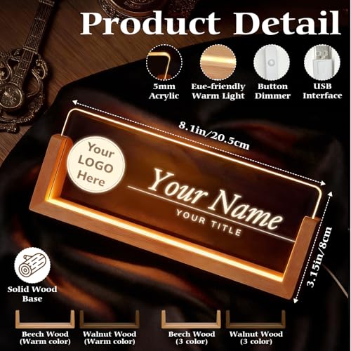 Personalized Light Up Acrylic Desk Name Plate with Walnut Base - LOGO Edition