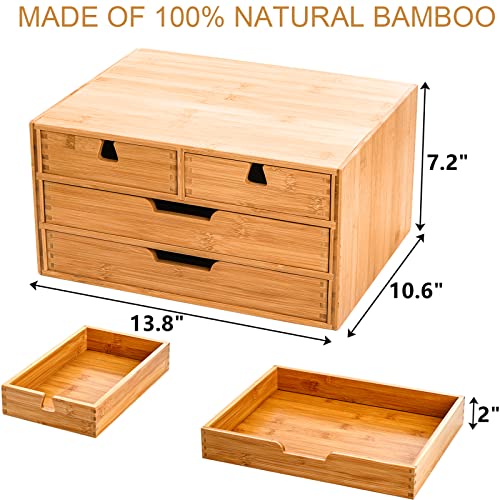 DEAYOU Bamboo Desk Organizer, 100% Natural Bamboo Desktop Drawer Organizer, Tabletop Storage Cabinet Organization Box with 4 Drawers for Makeup, Letter, Home Office Supplies, 3-Layer, Fully Assembled