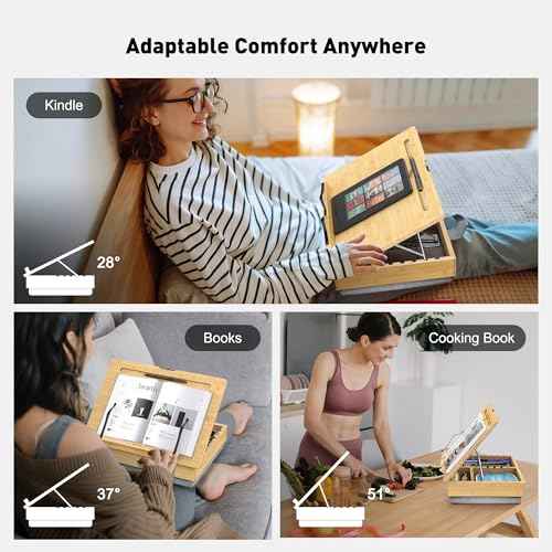 AboveTEK Book Stand for Reading with Storage, Adjustable Bamboo Book Holder with Soft Lap Cushion, Cookbook Stand, Hands-Free Book Reading Stand for Bed, Desktop & Kitchen Counter