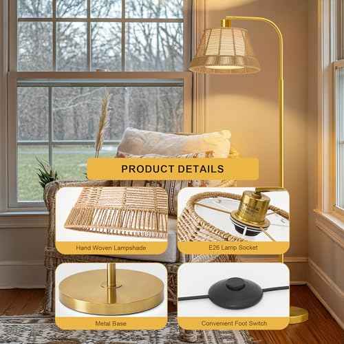 Oneach Arc Floor Lamp for Living Room,Rattan Boho Floor Lamp with Hand-Woven Wicker Shade, Gold Metal Base & Pole,Foot Switch,Farmhouse Standing Lamps for Bedroom Corner,Reading