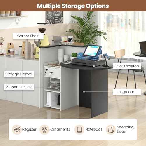 Reception Desk, 48¡¯¡¯ Retail Counter w/Lockable Drawer & Storage Shelf, L-Shaped Reception Table, Wooden Computer Desk for Salon, Restaurant, Office (Black & White)