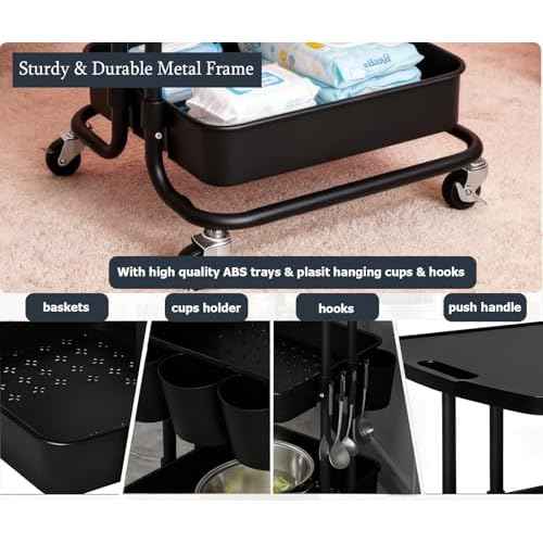 3 Tier Rolling Cart with Table Top, Black Metal Utility Storage Organizer Carts with Hanging Cups and Hooks, Multifunctional Mobile Cart with Casters for Small Spaces, Classroom,Offices,Dorm