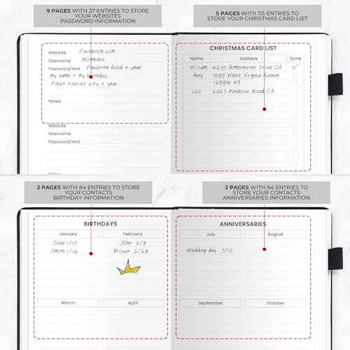 Address Book with Alphabetical Tabs, Hardcover Large Print Telephone and Address Book for Keeping Contacts Safe with Space for Important Website Passwords and Back Pocket 5'' x 7.6'' (Black)