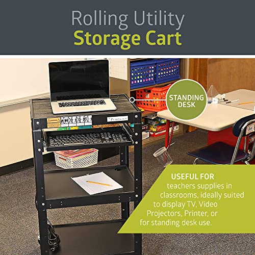 Pearington AV Presentation Cart Stand for Video Projector, TV, Laptop + 4-Outlet Power Strip (Variation: AV Cart) – Steel, 4 Shelves, 12ft Cord, Black