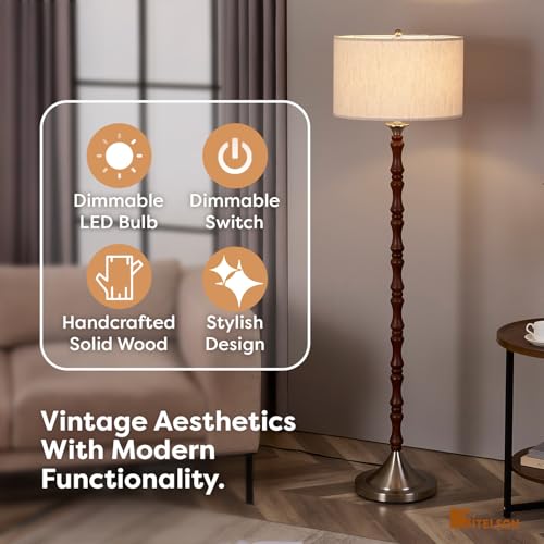 LED Floor Lamp, Mid Century Lamp with Drum Shade, Great Living Room D?cor, Rustic Retro Tall Lamp, Modern Standing Lamp for Bedroom and Office, Adjustable Lighting, Walnut Wood Finish