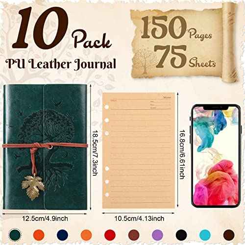 Teling 10 Pieces PU Leather Journal Tree Vintage Refillable Notebook Travel Journal Rustic Bound Diary Daily Writing Notepad with Lined Pages Gifts for Men Women(A6, 5'' x 7'')