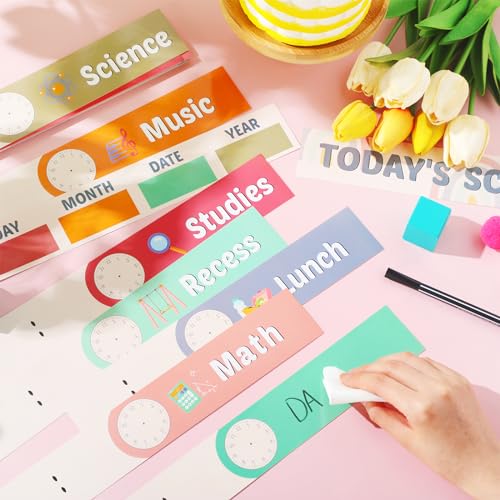 Pasimy Daily Schedule Pocket Chart - Colorful Rainbow Classroom Organizer with 14 Pockets