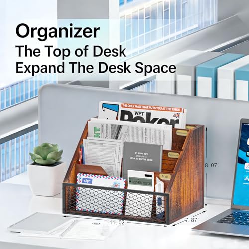 Yelinkws Brown Wooden 4-Slot Mail Organizer for Desktop & Wall