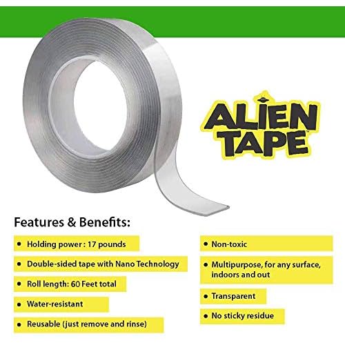 ALIEN TAPE Holiday Package Nano Double Sided Tape, Multipurpose Removable Adhesive Transparent Grip Mounting Tape Washable Strong Sticky Heavy Duty As Seen On TV 60 Feet