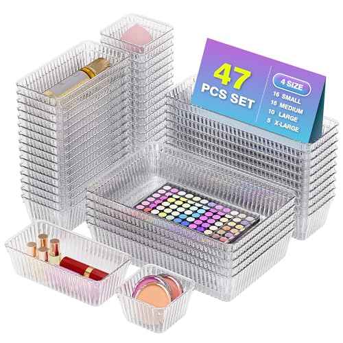 47 PCS Clear Plastic Drawer Organizer Set - 4 Sizes Makeup Organizer Desk Drawer Divider Bathroom Organizers and Storage Bins for Makeup, Jewelry, Gadgets, Office, Kitchen, Bedroom, Bathroom