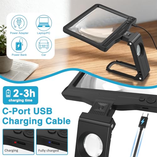Haotor Black Rechargeable 30X Magnifying Glass with Folding Stand & LED Light