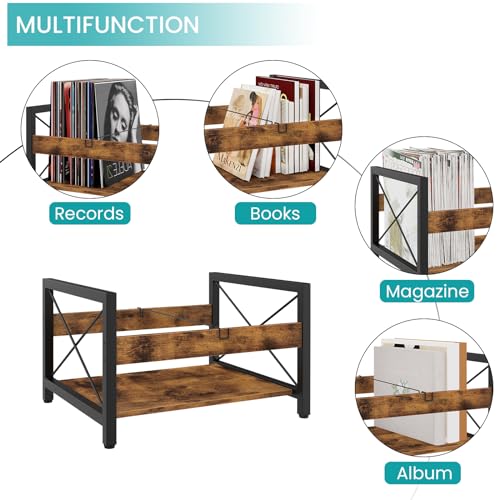 ELITEROO Vinyl Record Holder, Wooden Record Crate Fits 7¡± -12¡± Records, Vinyl Shelf Holds up to 50-100 Albums, DVDs, CDs or Files Wood Book Storage Stand Desktop Organizer Box, Rustic Brown