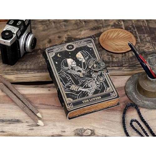 C CUERO Book of Spells Leather Journal Deckle Edge Paper Grimoire Printed Journal The Lovers Tarot Notebook Spiral Gothic Notebook Skull lover Antique Vintage Leather Journals for Men and Womens 10