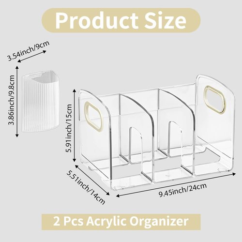 Mulaibdin Acrylic File Sorter with Pen Holder, Sturdy Desk File Organizer with Handle, Clear Purse Handbag Storage Desktop Divider File Folder Rack for Home Office Kitchen Supplies 3 Sections (2 Pcs)
