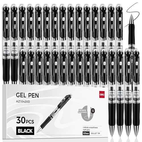 deli Gel Pens, 30 Pcs Retractable Pens Black Ink, Medium Point Pen Bulk 0.7mm, Smooth Writing, Fast Dry, No Bleed for Journaling Note Taking, Home School Office Supplies