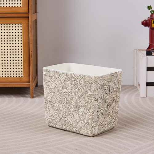 Rustic White Tropical Leaves Carved Small Bathroom Trash Can 2.5 Gallon(9 Liter), Resin Heavy Sturdy Kitchen Garbage Can,Living Room Bedroom Trash Can, Decorative Wastebasket for Home, Garden, Office