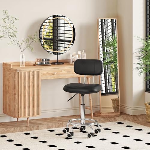 Hoobro height-adjustable rolling stool with backrest, 360° swivel drafting chair for office, salon, bar, PU leather