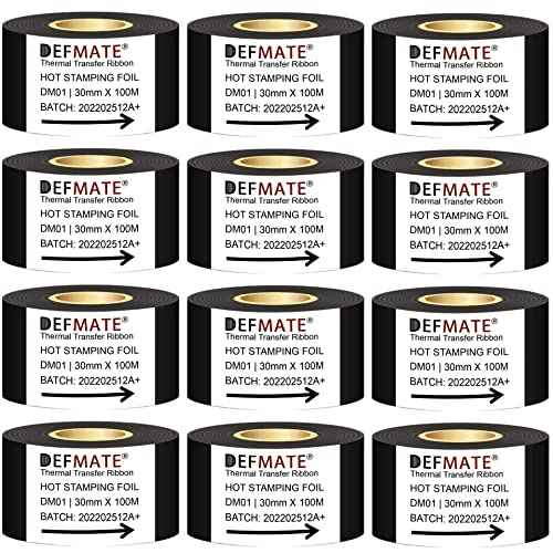 12 Rolls 30mm x 100m Black Hot Stamping Foil Thermal Transfer Ribbon Resin for Coder Printer Machine, Black Color Ribbon for Coding Machine