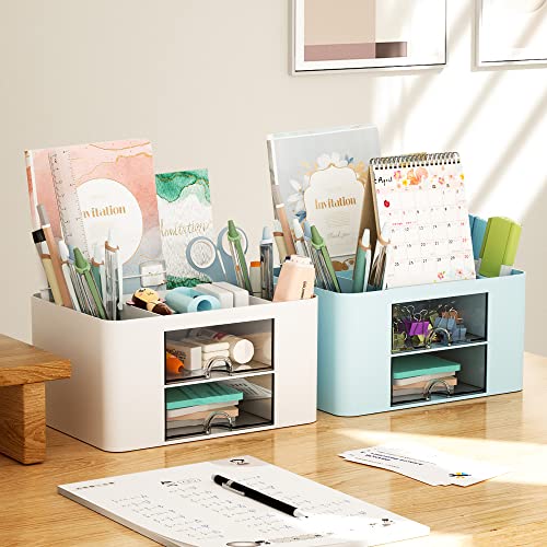 Marbrasse White Pen Organizer with 2 Drawers & Compartments - Multi-Functional Desk Storage