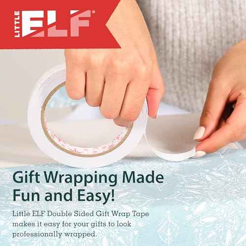 Little ELF Double Sided Gift Wrap Tape for Gift Wrapping, 6 Rolls of Adhesive, Easy Tear, Paper Backing, 1/2 inch x 65 feet per roll, Clear, Transparent, Christmas