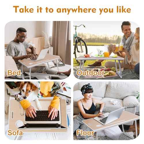 Amaredom Laptop Bed Desk Tray Bed Table, Foldable Portable Lap Desk Notebook Stand Reading Holder with Storage Drawer and Cup Holder for Eating Breakfast on Bed/Couch/Sofa-White Oak