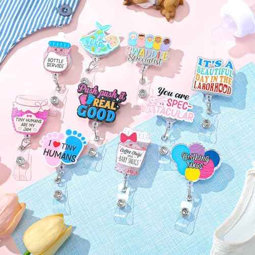 Riceshoot 10 Pcs Funny Labor and Delivery Nurse Badge Reels Cute Glitter Nicu Obstetrics Retractable Badge Reel Holder with Alligator Clip Gift for Rn Teacher Doctor(Fresh)