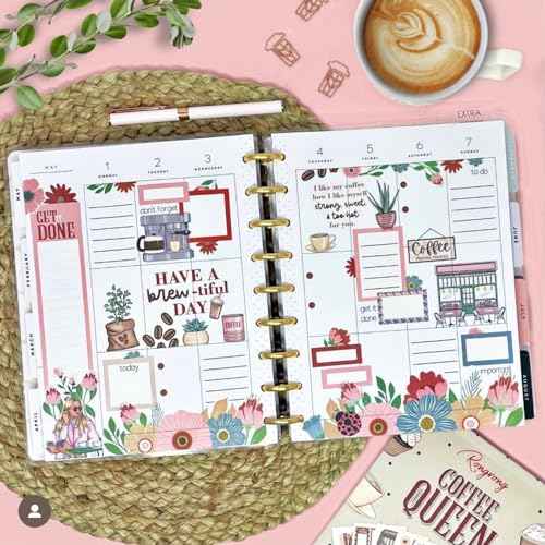 Rongrong Coffee Planner Stickers Book for Planners, Calendars, Journals and Projects ? Premium Quality Hand Drawn Perfect for Caffeine Lovers ? Scrapbook Accessories ? 24 Sheets