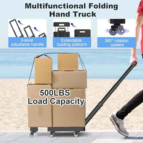 Folding Hand Truck, 500 LBS Heavy Duty Foldable Dolly Cart with Wheels, Telescoping Handle & 2 Elastic Ropes, Portable Luggage Cart for Moving, Travel, Home, Black Yellow