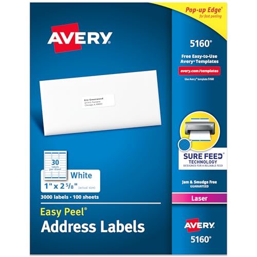 Avery 5160 3,000 White Address Labels 1x2-5/8" Printable Stickers Pack of 1