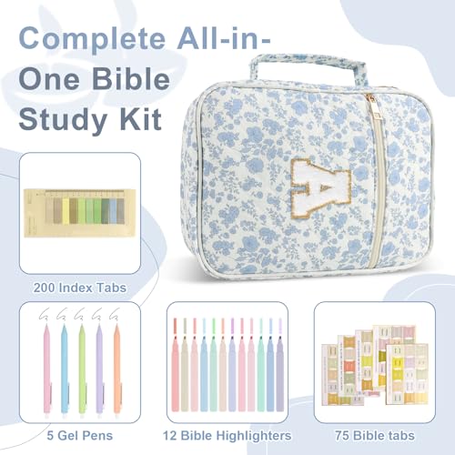 Personalized Blue Flower Initial Bible Cover Case for Women Girls - Large Quilted with Handle, Christian Gift