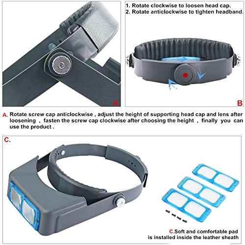 Beileshi Headband Magnifier with 4 Interchangeable Lenses, 1.5x-3.5x Optical Glass