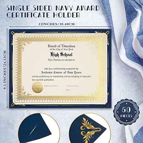 Fainne 50 Sets Certificate Kit Includes 50 Pcs 9.5 x 12 Inch Certificate Holders 50 Pcs Letter Size Papers 50 Pcs Foil Award Seals Diploma Covers for Appreciation(Navy Blue, Gold)
