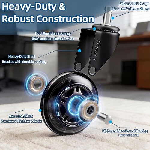 HOSALI Modern-Black 3 Inch Office Chair Wheels Set of 5 - Heavy-Duty Rubber Casters for All Floors